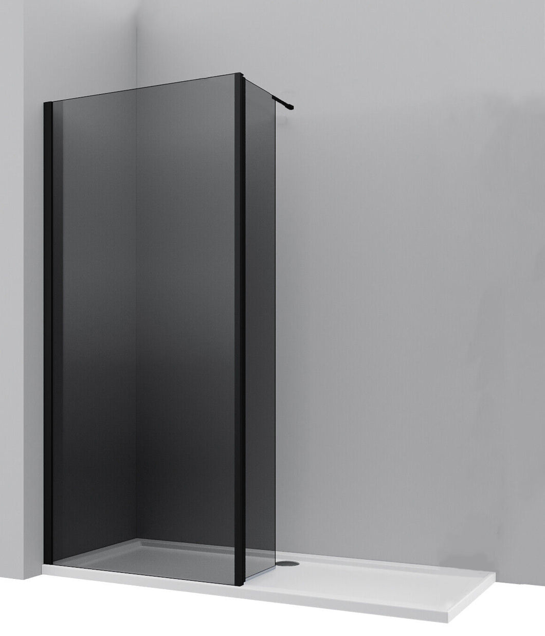 Walk In Shower Glass Panel Black Frame Grey Glass 900 + 300 L Shape With White Long Shower Tray