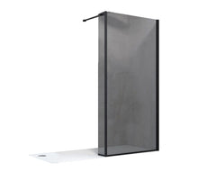Load image into Gallery viewer, Walk In Shower Glass Panel Black Frame Grey Glass 800 + 300 mm L Shape With Shower Stone Tray
