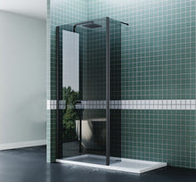 Load image into Gallery viewer, Walk In Shower Glass Panel Black Frame Grey Glass 900 + 300 L Shape With White Long Shower Tray
