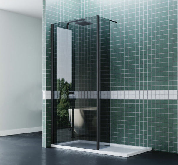 Walk In Shower Glass Panel Black Frame Grey Glass 800 + 300 L Shape With White Long Shower Tray