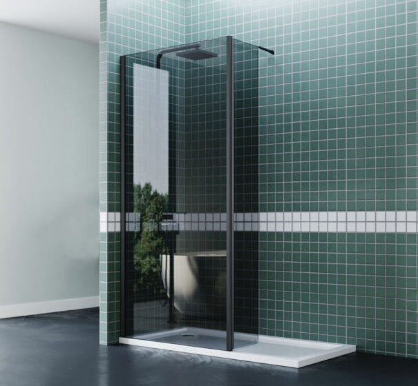 Walk In Shower Glass Panel Black Frame Grey Glass L Shape 600 + 300 mm With Shower Tray
