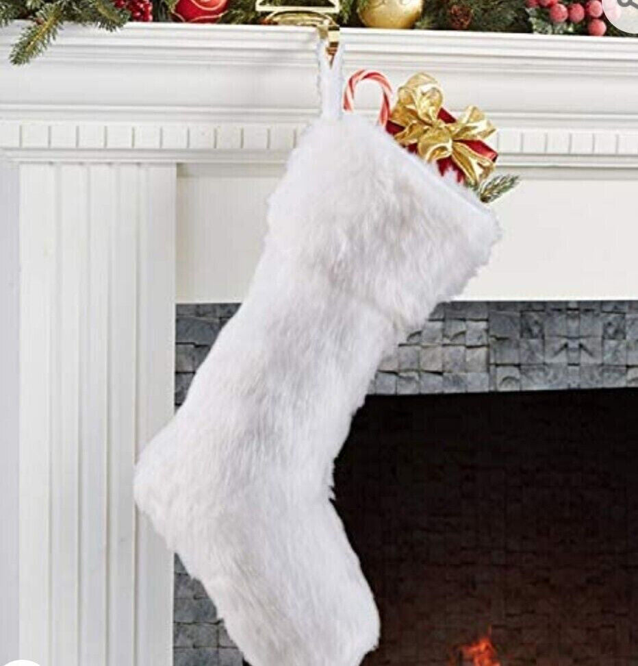 Christmas Stocking, 1 Pcs 18 inches Large Snowy Luxury Hanging White Faux Fur Christmas Stocking for Family Holiday Party Christmas Fireplace Decorations White