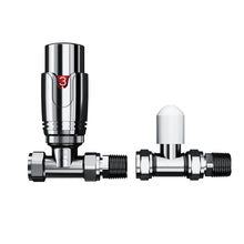 Load image into Gallery viewer, Thermostatic Valve Thermostatic and Manual Control Corner Towel Radiator Valves15mm Pair Chrome
