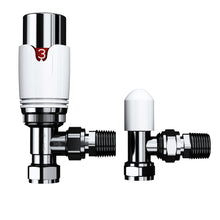 Load image into Gallery viewer, Thermostatic and Manual Control Corner Towel Radiator Valves15mm Pair Chrome
