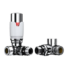 Load image into Gallery viewer, Chrome Thermostatic and Manual Control Corner Towel Radiator Valves15mm Pair
