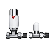 Load image into Gallery viewer, White Thermostatic Manual Control Corner Towel Radiator Valves15mm Pair Chrome White Thermostatic Manual Control Corner Towel Radiator Valves15mm Pair Chrome
